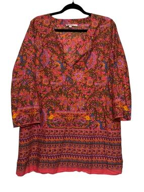 Calypso St Barth Boho Floral Striped Cotton Blouse Vibrant Resort Tunic Birds S